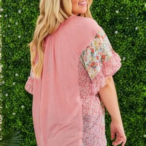 Pink Plus Size Floral Patchwork Ruffled Short Sleeve Blouse