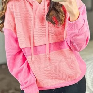 Pink Textured Color Block Kangaroo Pocket Drop Shoulder Hoodie