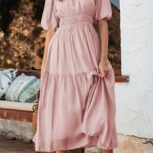 Pink Puff Sleeve Pleated High Waist Flowy Midi Dress