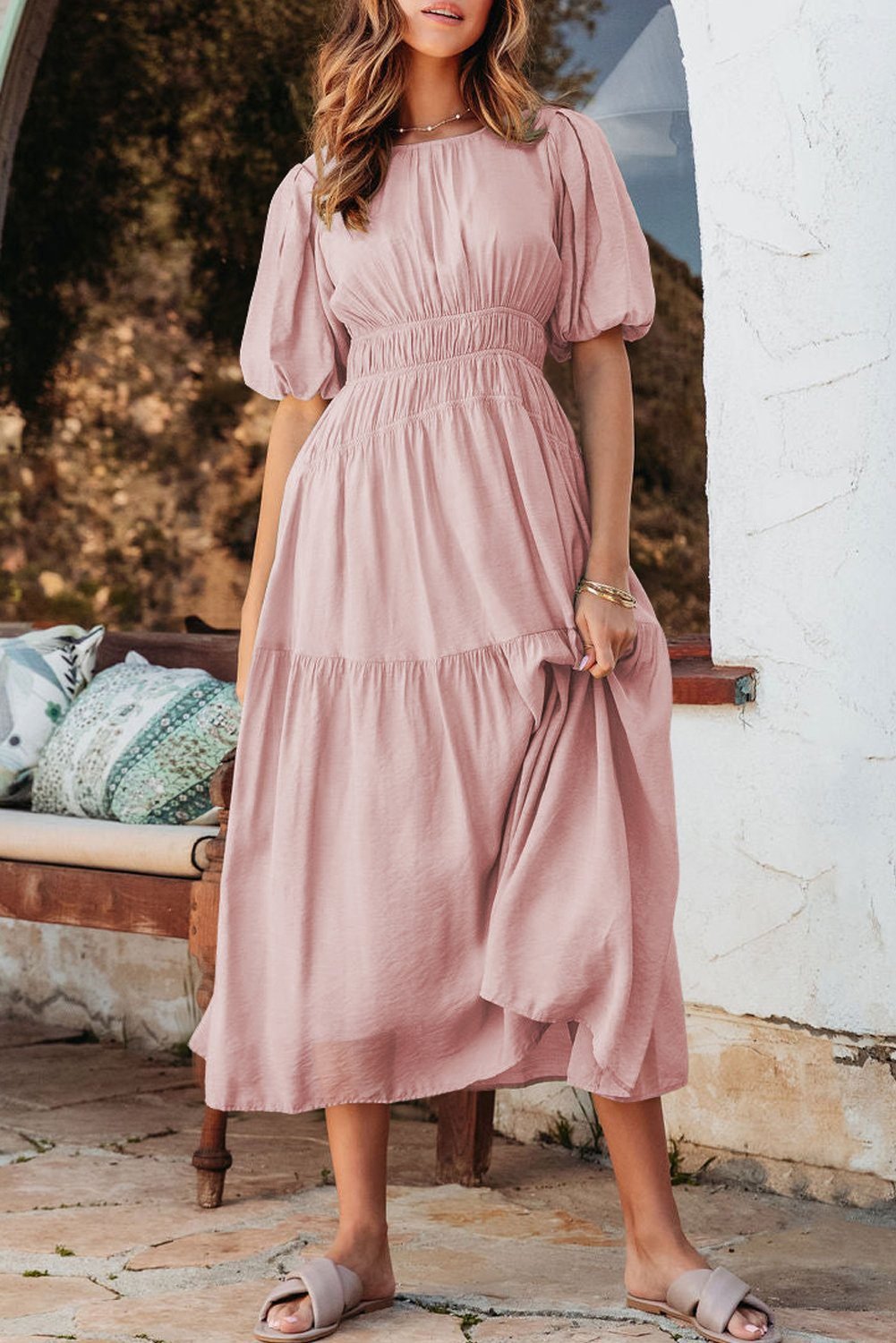 Pink Puff Sleeve Pleated High Waist Flowy Midi Dress