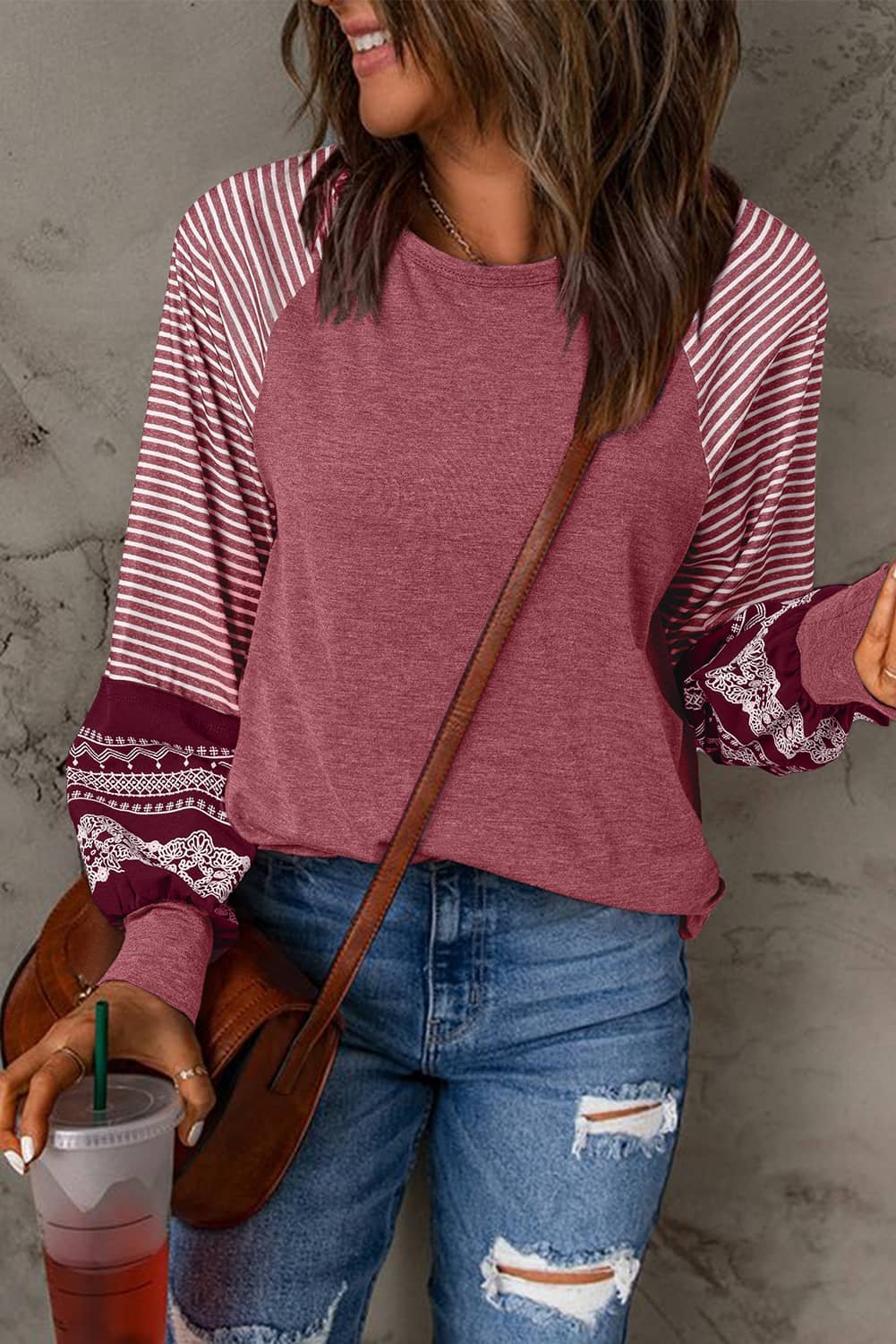 Mineral Red Contrast Print Striped Raglan Long Sleeve Loose Top