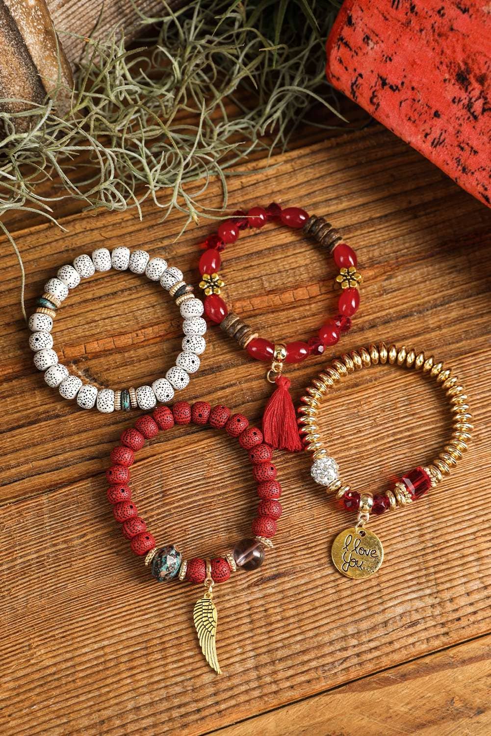 Red Dahlia 4Pcs Boho Disc Tassel Wing Pendant Beaded Bracelet Set