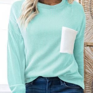 Iceland Blue 3D Ribbed Texture Contrast Patched Pocket Long Sleeve Top