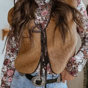 Light French Beige Contrast Trim Tie Front Sherpa Vest