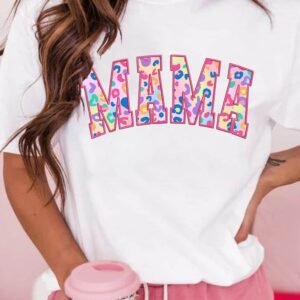White Mama Leopard Embroidered Crew Neck Graphic Tee