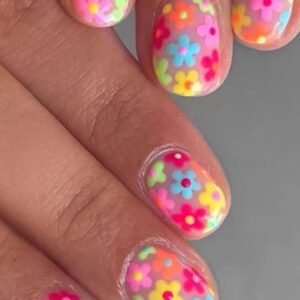 Pink 24Pcs Cute Flowers Print Press On False Nails