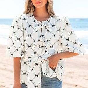 White Bowknot Print Front Knots Bubble Sleeve Blouse