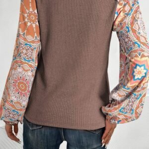 Coffee Ruffled Floral Sleeve Patchwork Waffle Knit O Neck Blouse