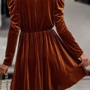 Chestnut Velvet Frilled Neck Gigot Sleeve Swing Dress
