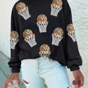 Black Basketball Patched Game Day Crew Neck Graphic Sweatshirt