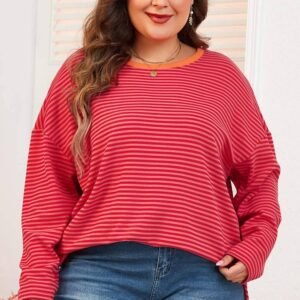Orange Stripe Plus Size Drop Shoulder Long Sleeve Buttoned Decor Top