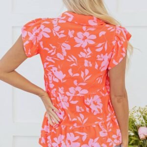 Orange Floral Print Collared Button Neckline Flutter Sleeve Blouse