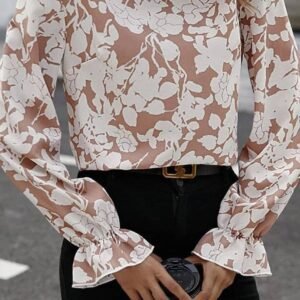 Flaxen Floral Print Frilled Neckline Flounce Sleeve Blouse
