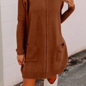 Chestnut Ribbed High Neck Front Pockets Center Seam Shift Sweater Dress