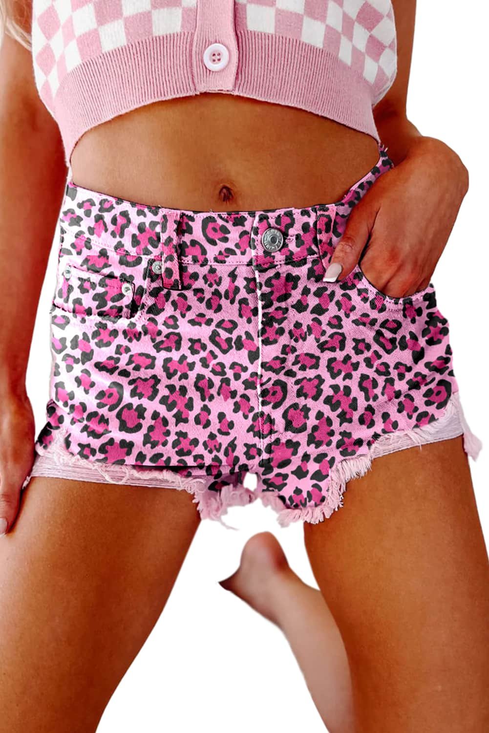 Pink Leopard Print Raw Hem Denim Shorts