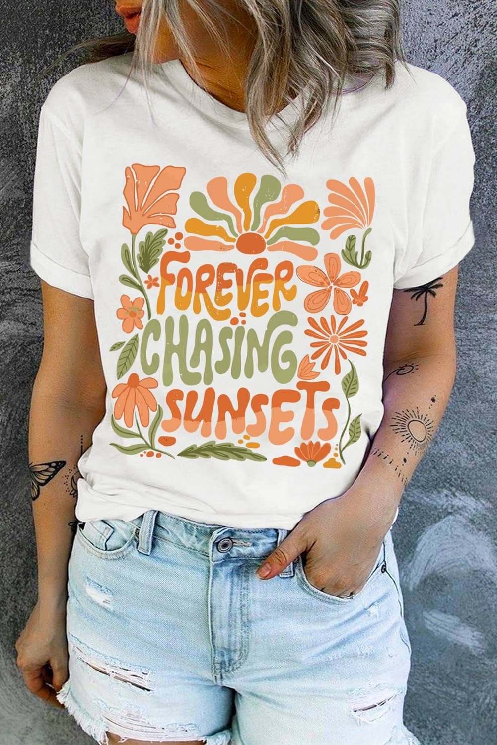 White Forever Chasing Sunsets Floral Print T Shirt