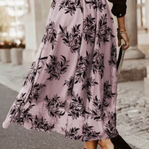 Peach Blossom Floral Leaves Embroidered High Waist Maxi Skirt