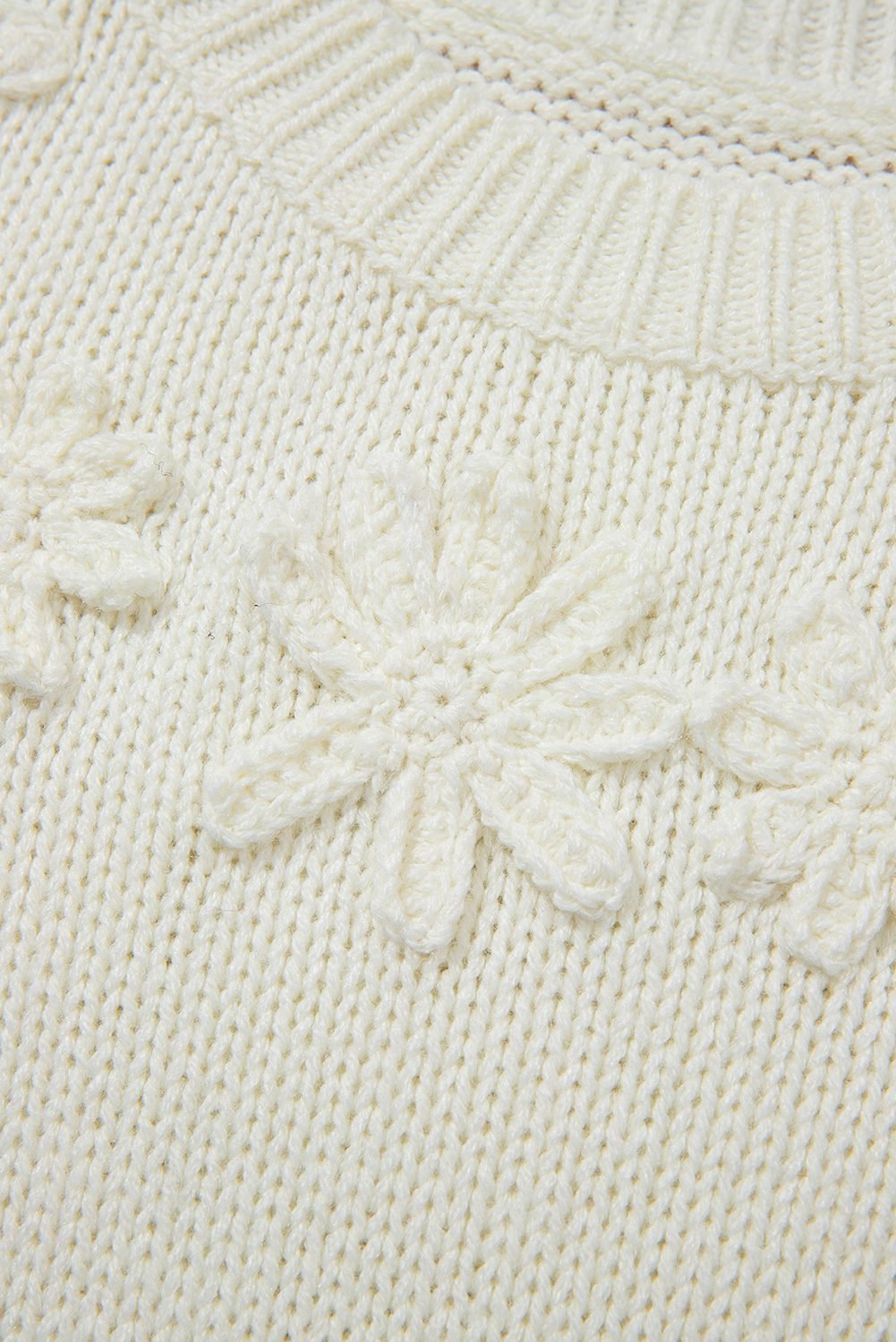 White Flower Detail Round Neck Contrast Textured Puff Sleeve Sweater