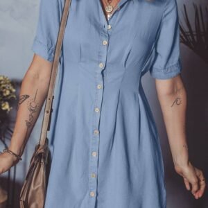 Myosotis Denim Pleated Slim Waist Short Sleeve Shirt Dress