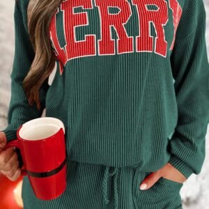 Evergreen Corded Merry Graphic Long Sleeve Top And Shorts Set