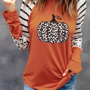 Orange Leopard Pumpkin Graphic Contrast Long Sleeve Top