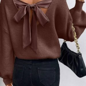 Coffee Lantern Sleeve V Neck Knot Back Sweater