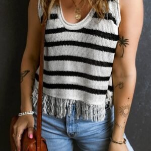 Beige Stripe Loose Knit Fringe Tank Top