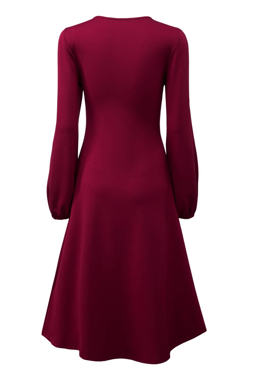 Burgundy Solid Color Ruched Detail Long Sleeve Midi Dress