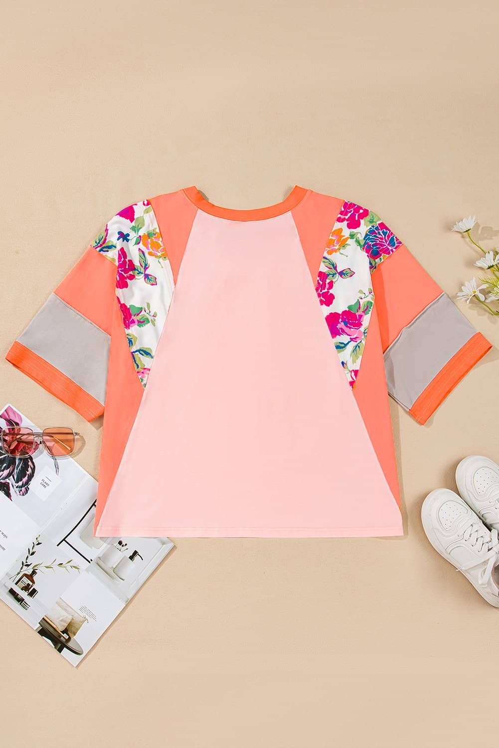 Orange Plus Size Floral Print Patchwork Raglan Half Sleeve Top