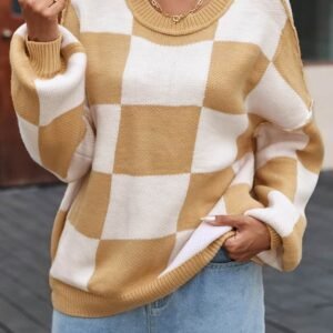Khaki Checkered Bishop Sleeve Sweater