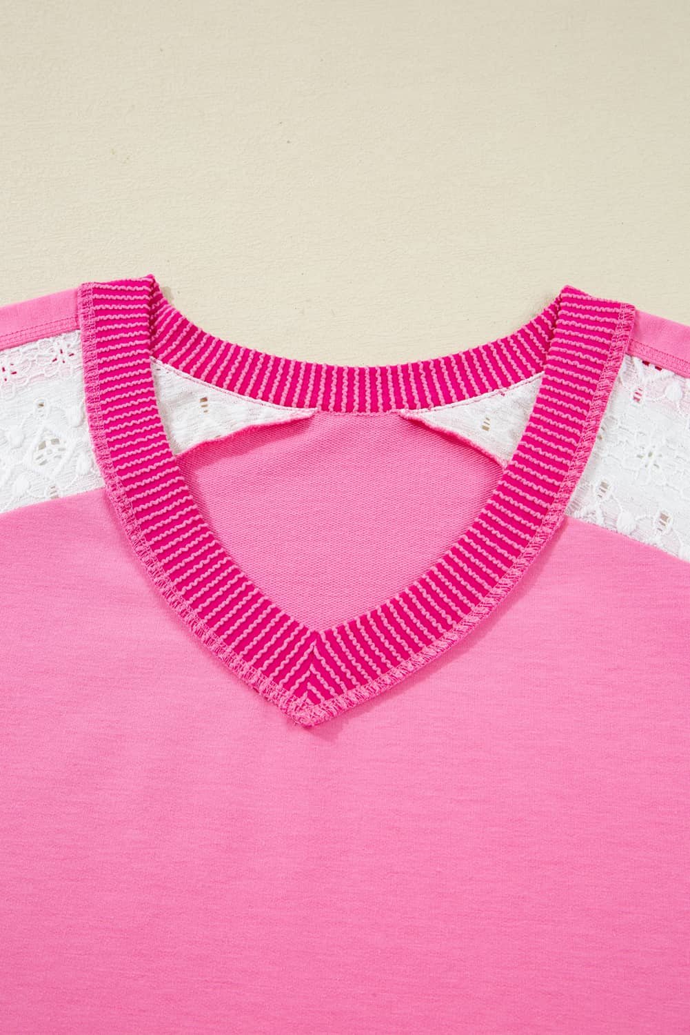 Bonbon Lace Striped Patchwork Long Sleeve Corded V Neck Plus Size Top