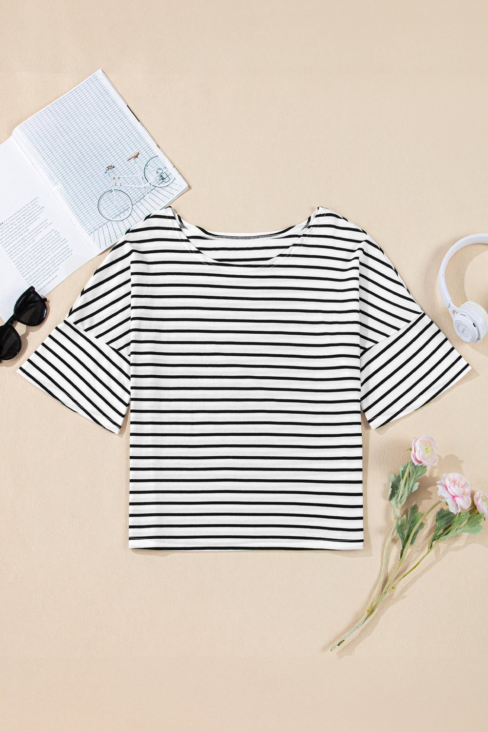 Black Stripe Half Sleeve Scoop Neck Loose Top