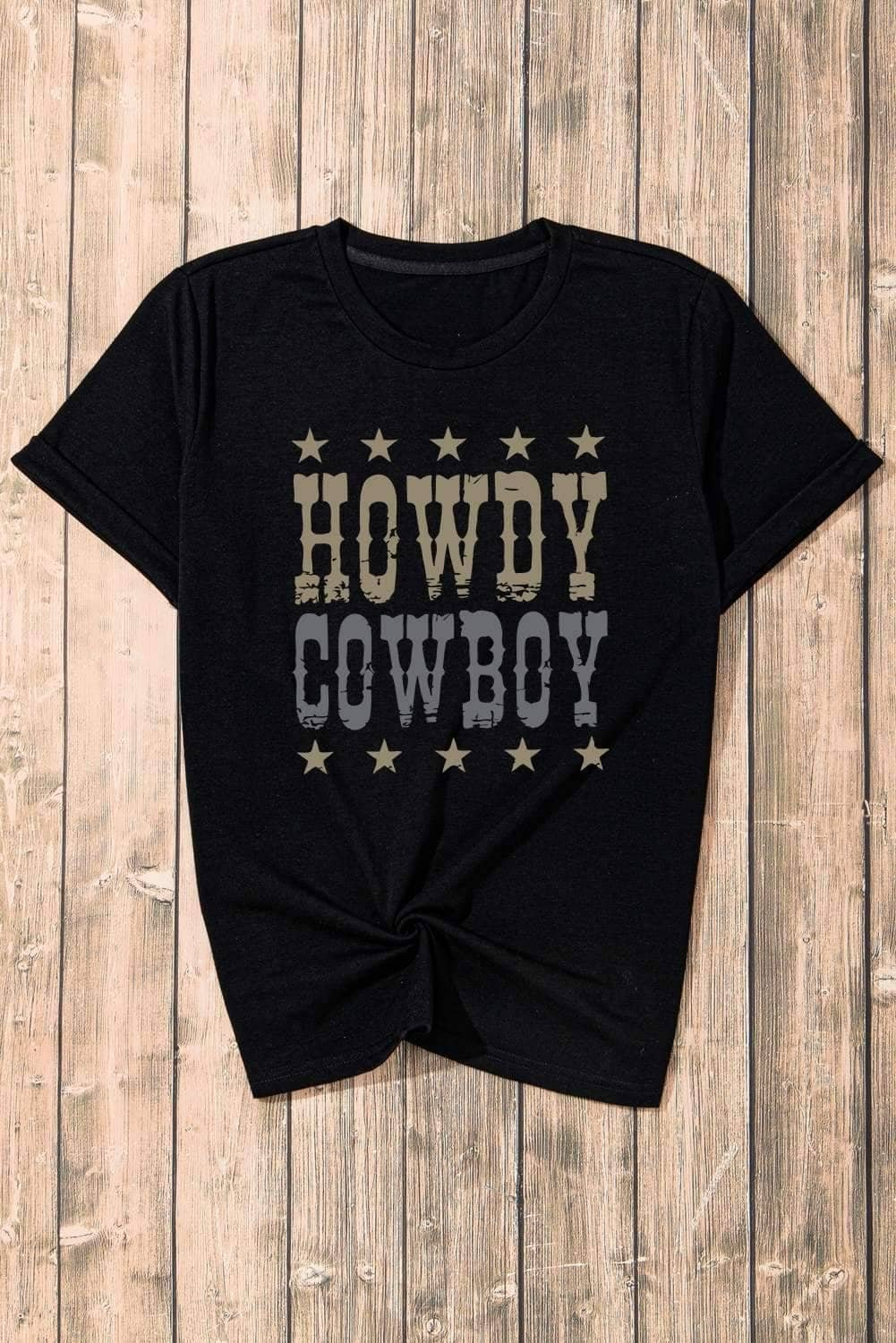 Black Howdy Cowboy Star Print Crew Neck Loose T Shirt