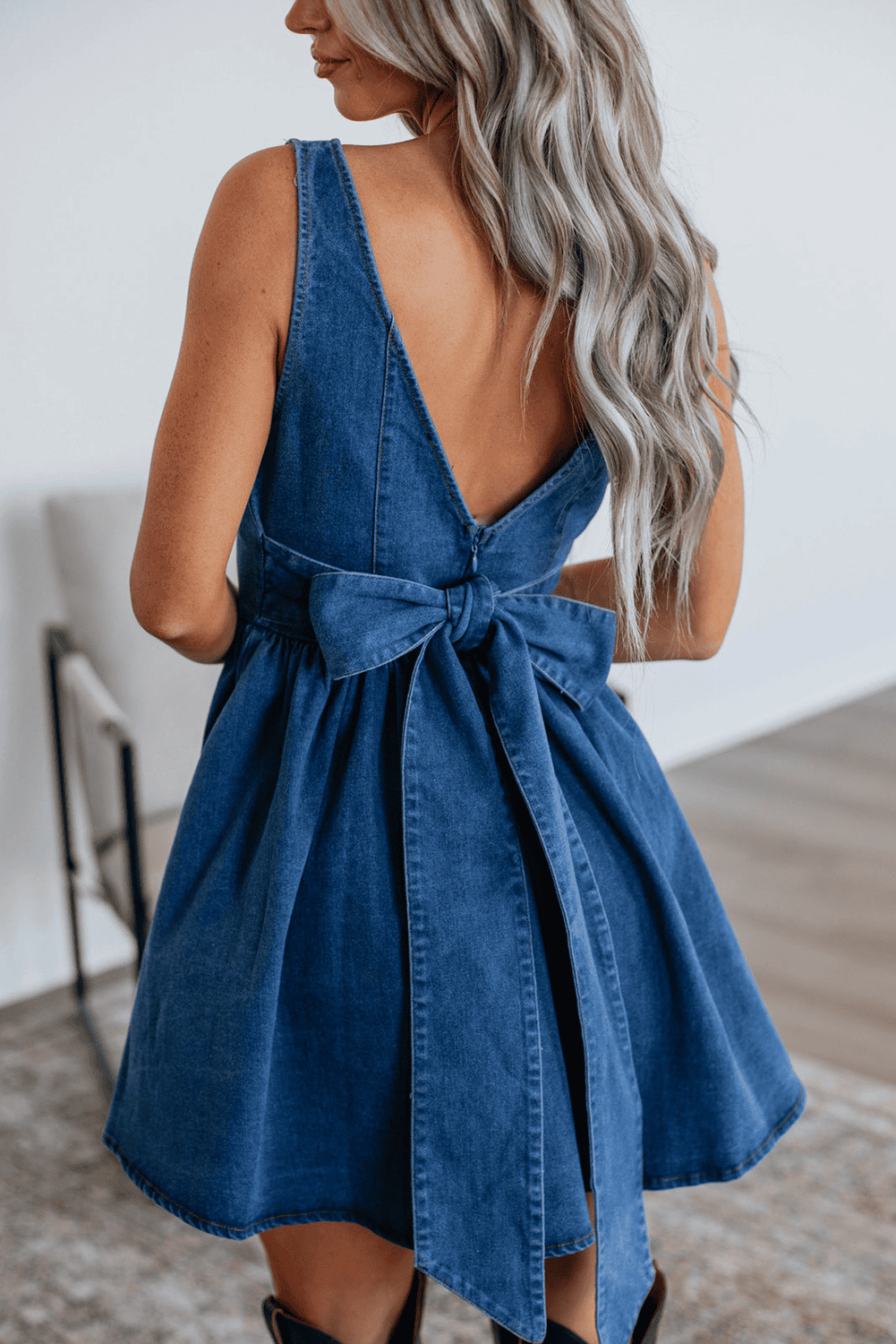 Sail Blue Square Neck Bowknot A-Line Sleeveless Denim Dress