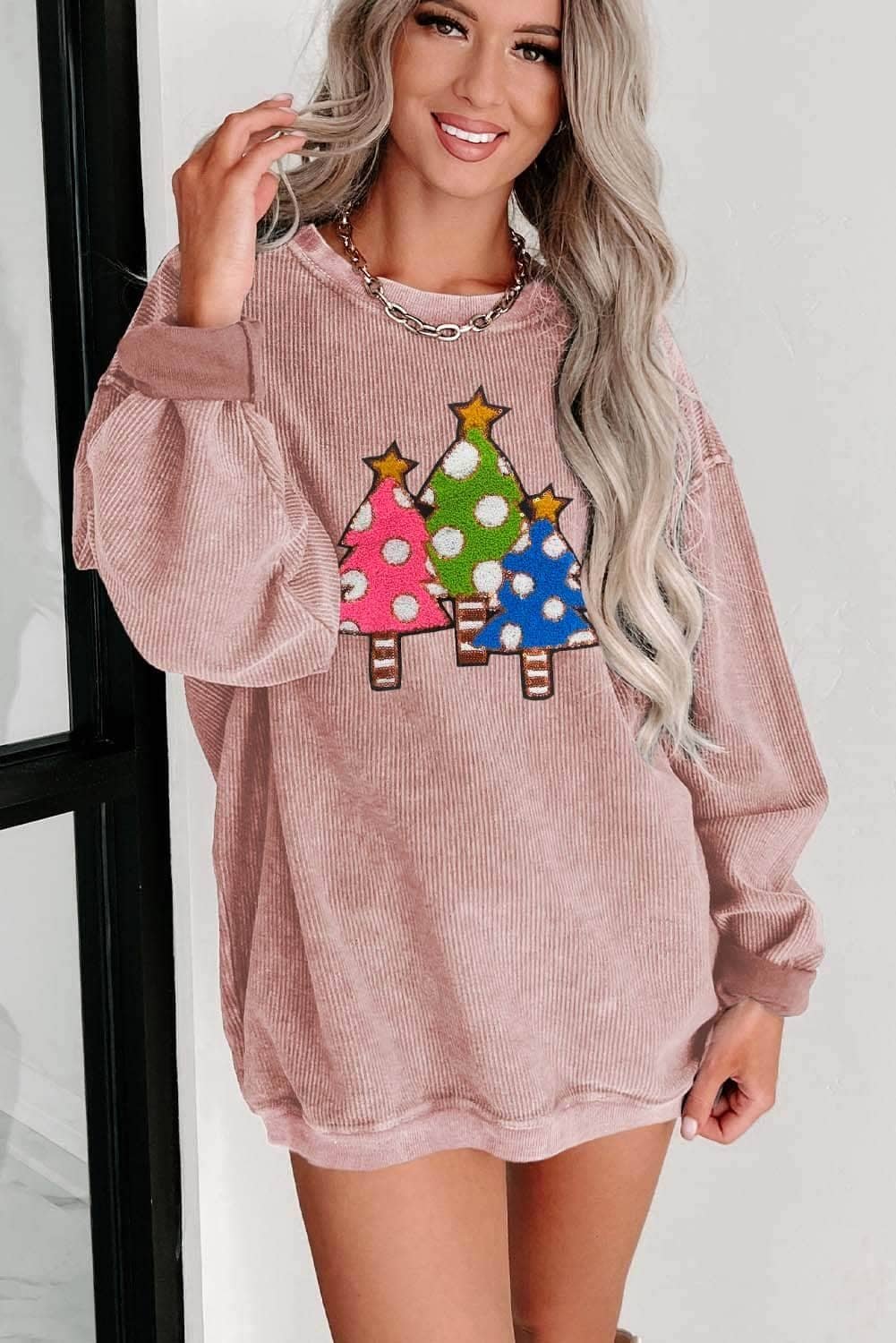 Pink Vintage Wash Sequined Christmas Tree Corded Sweatshirt