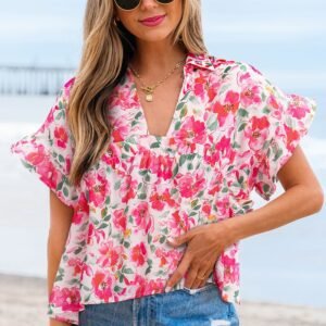 Pink Floral Boxy Fit Ruffled Short Sleeve V Neck Blouse