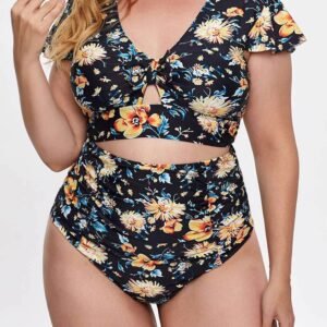 Plus Size Flutter Cap Sleeve Floral High Waist Bikini