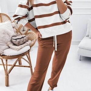 Brown Stripe Striped Drop Shoulder Pullover And Jogger Pants Set