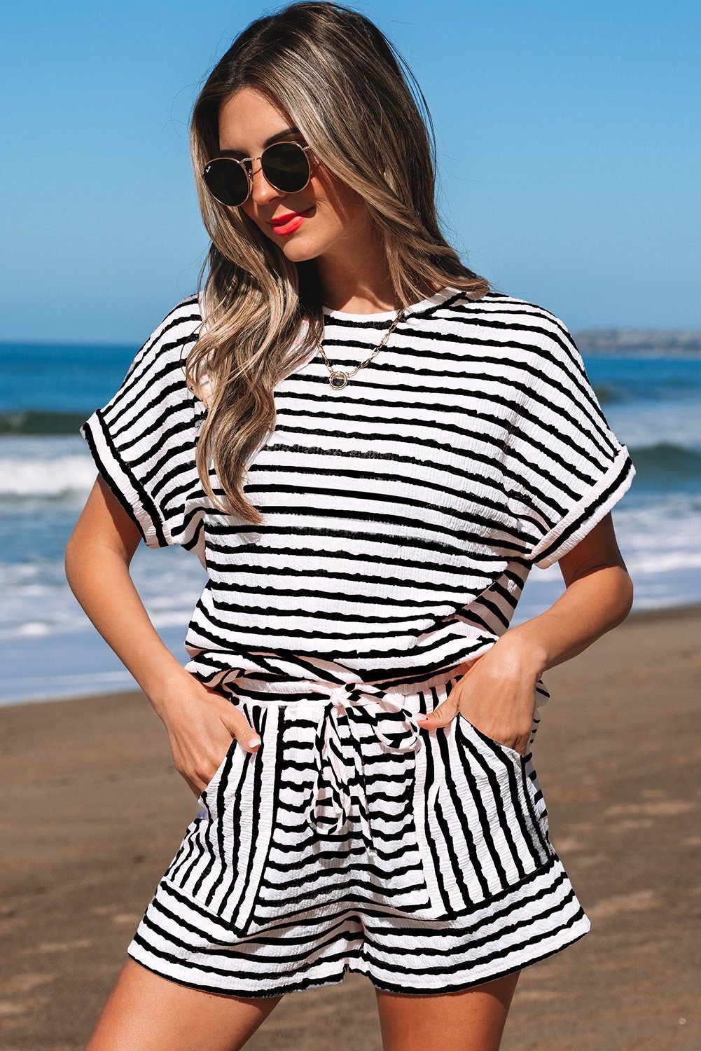 Black Stripe Knitted Short Sleeve Top And Drawstring Shorts Set