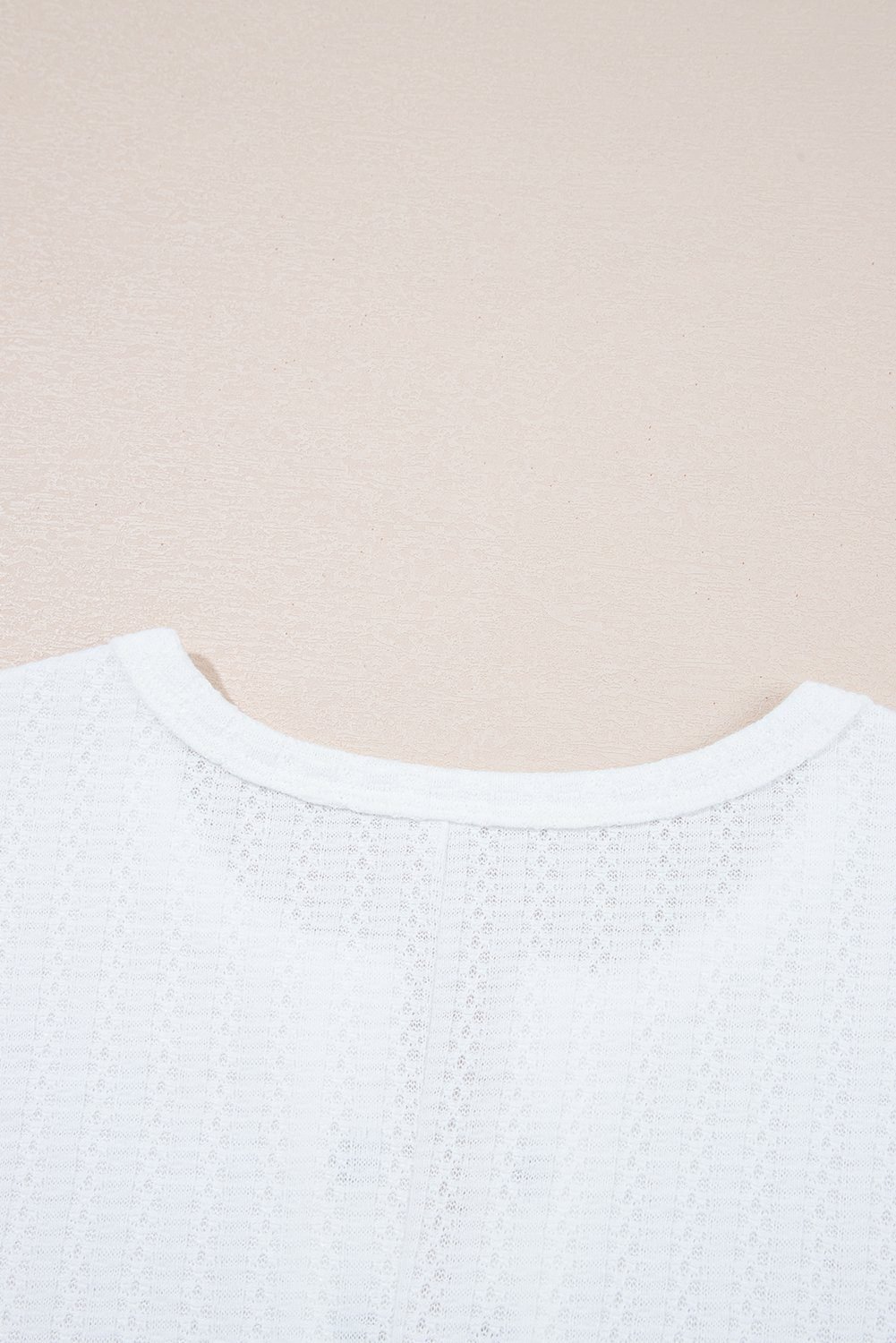 White Textured Hollow Grommet Placket Split Neck Short Sleeve Top