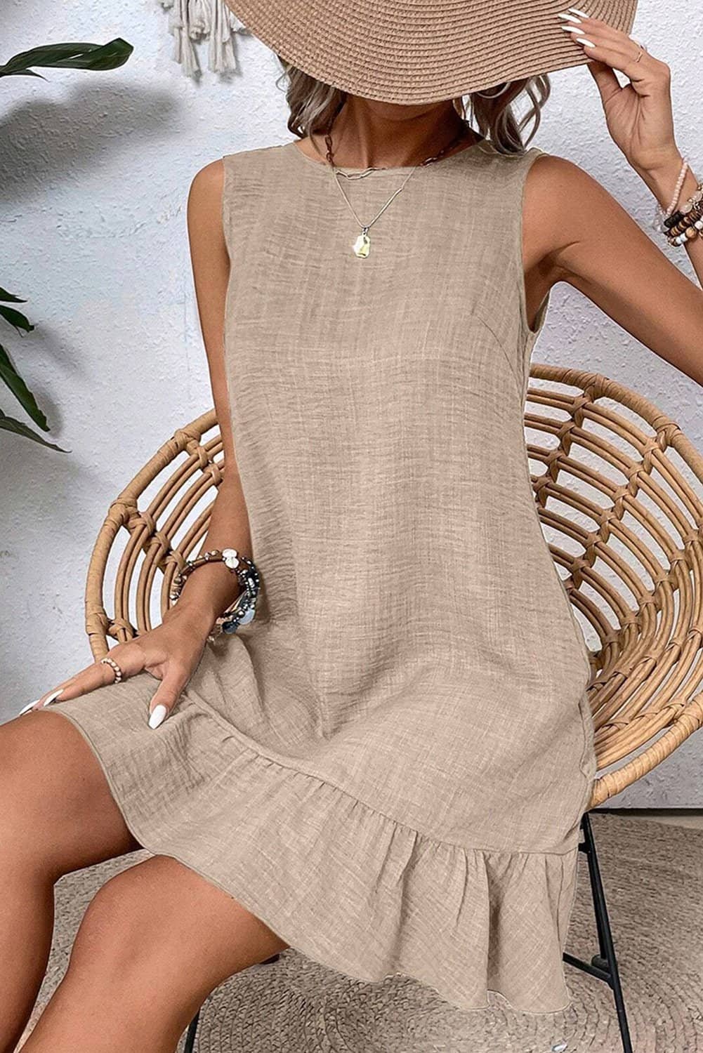 Smoke Gray Knot Scoop Back Ruffle Hem Sleeveless Mini Dress