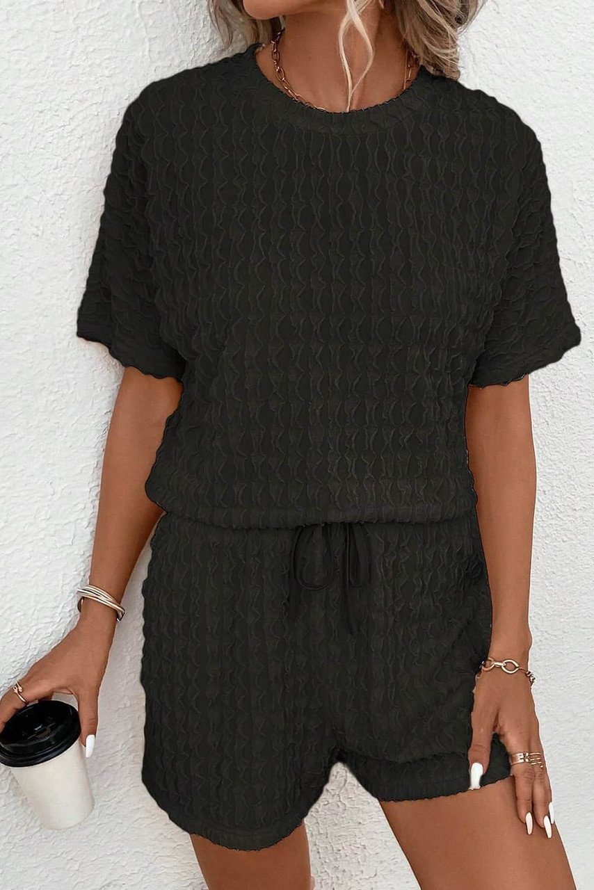 Black Frill Textured Short Sleeve Top And Drawstring Shorts Set