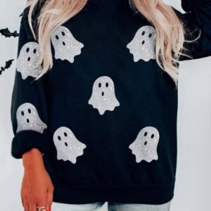 Black Glitter Ghost Pattern Crew Neck Halloween Sweatshirt