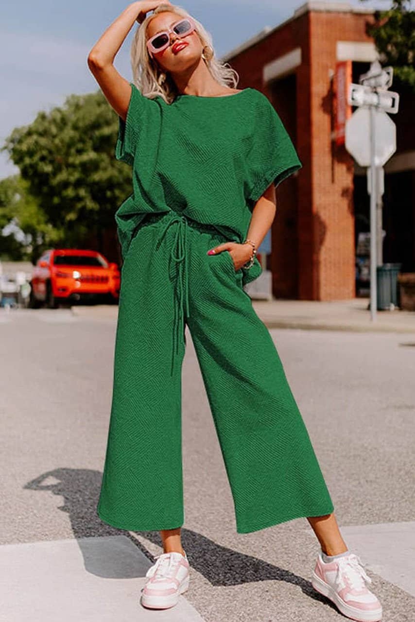 Dark Green Textured Loose Fit T Shirt And Drawstring Pants Set