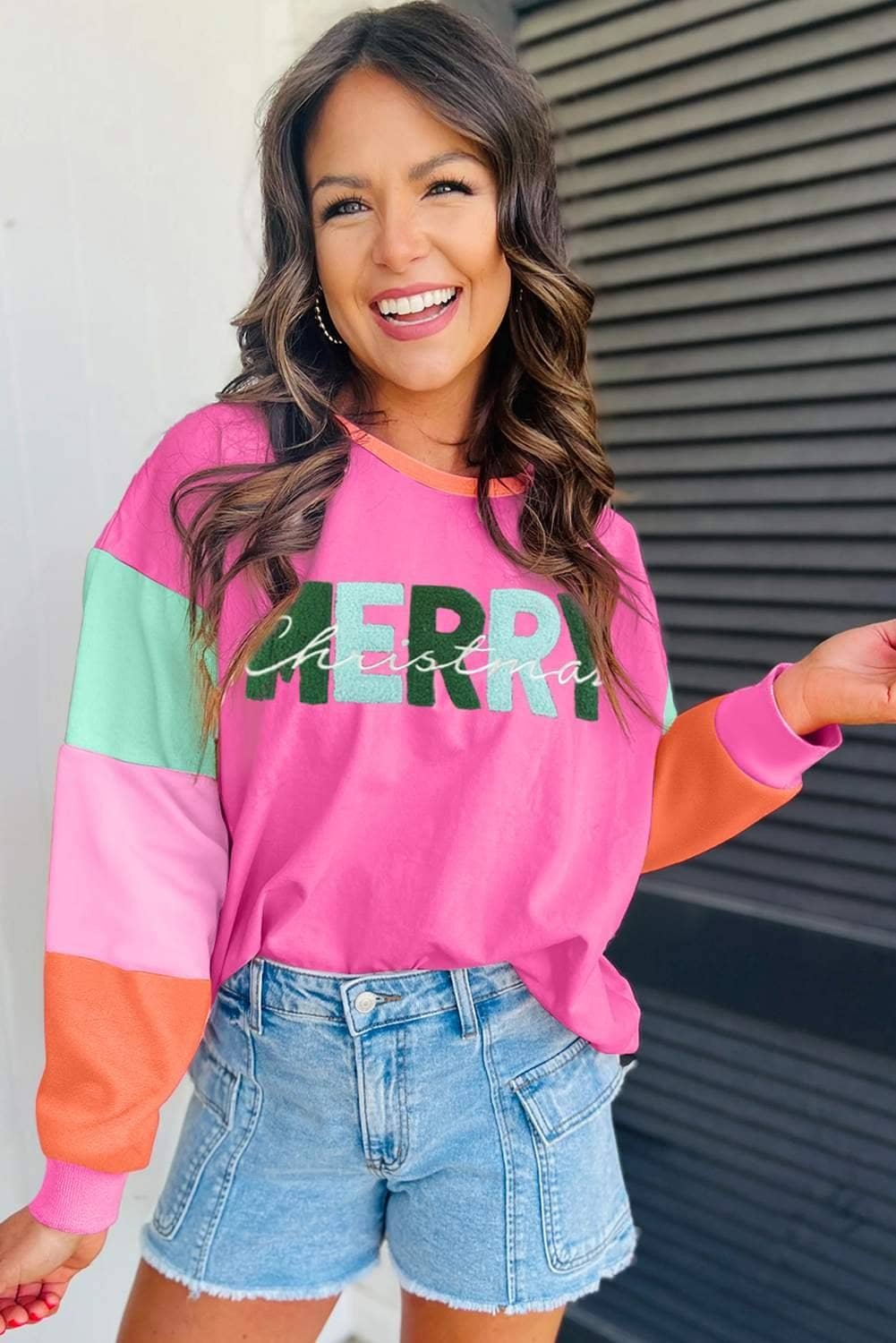 Rose Red Chenille Merry Christmas Patched Colorblock Long Sleeve Top