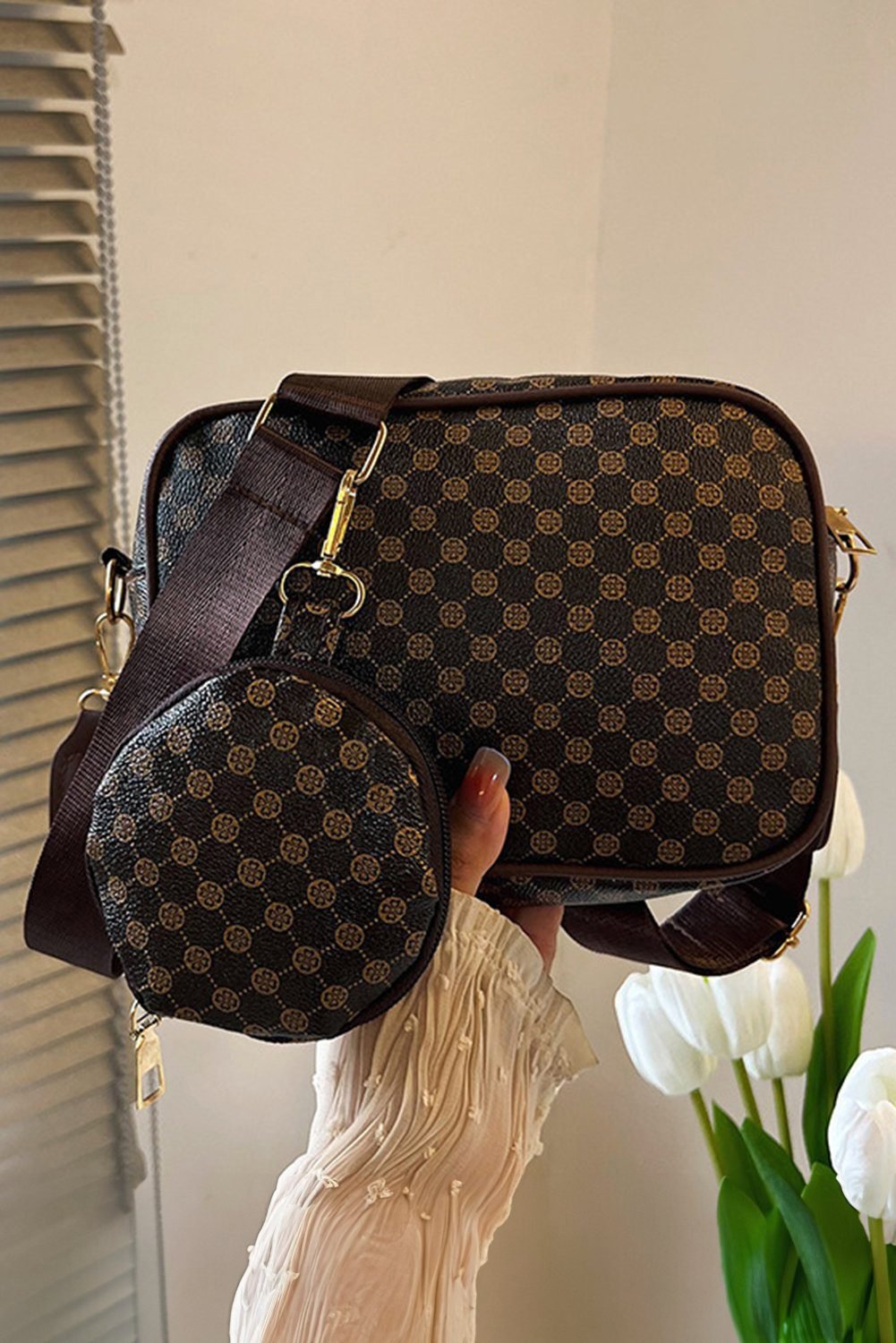 Coffee Checkered Print Pu Leather Shoulder Bag With Coin Wallet