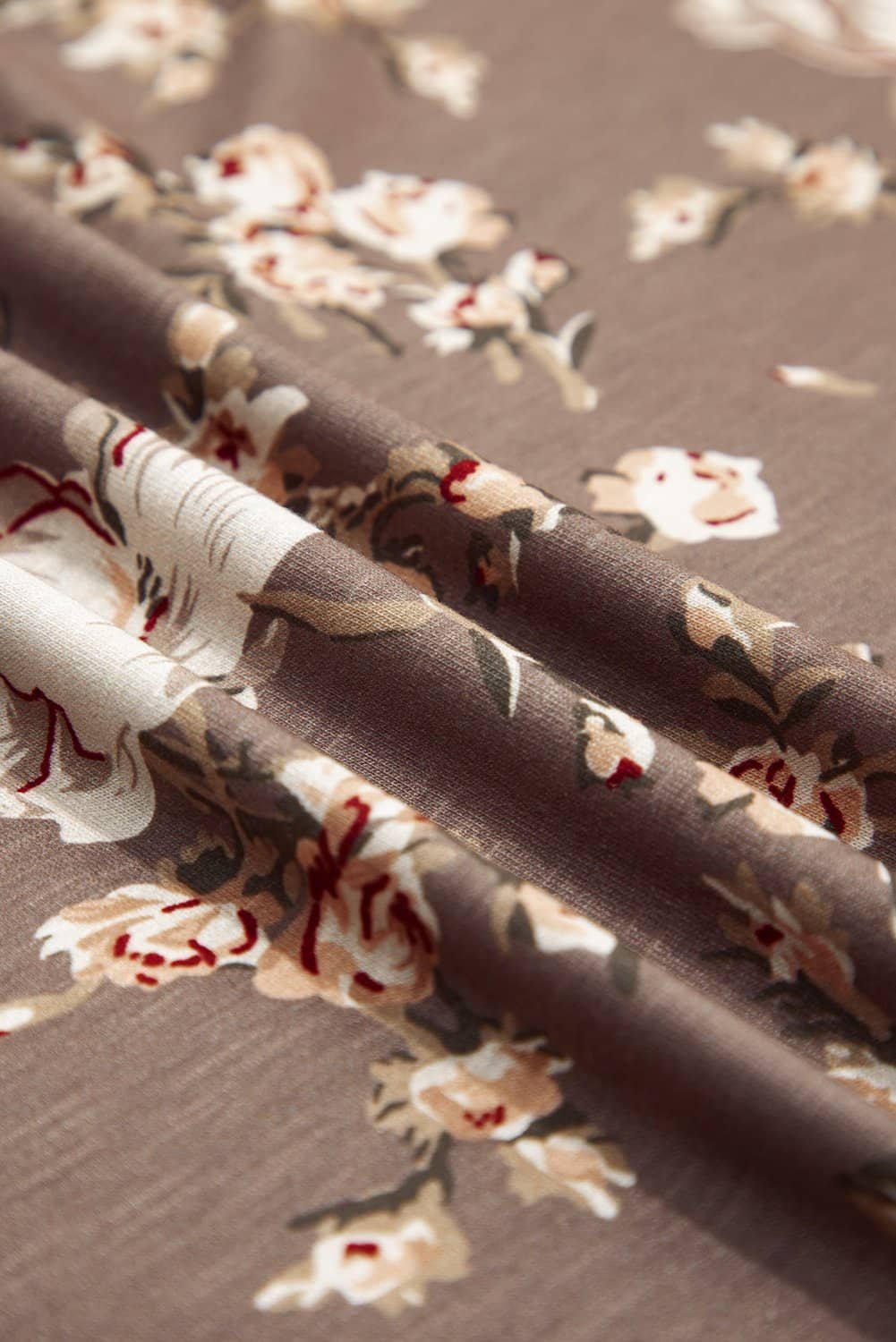 Khaki Retro Floral Print Tassel Tie Split Neck Short Sleeve Blouse