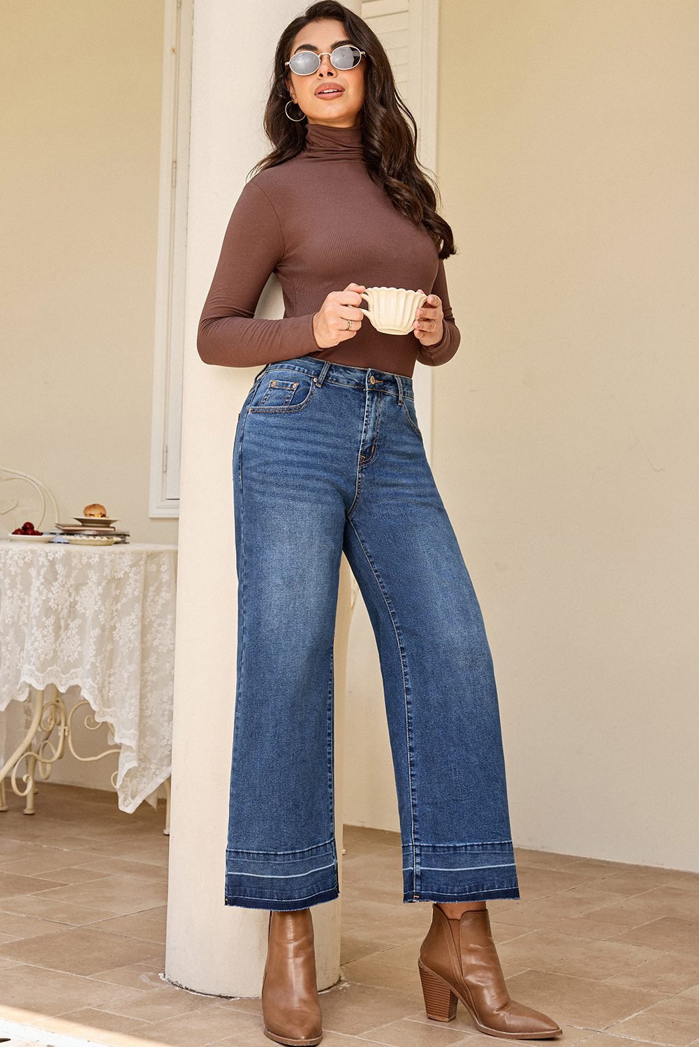 Navy Blue Raw Hem Straight Leg Loose High Waist Jeans