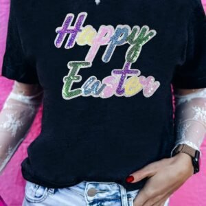Black Sequined Happy Easter Graphic Tee