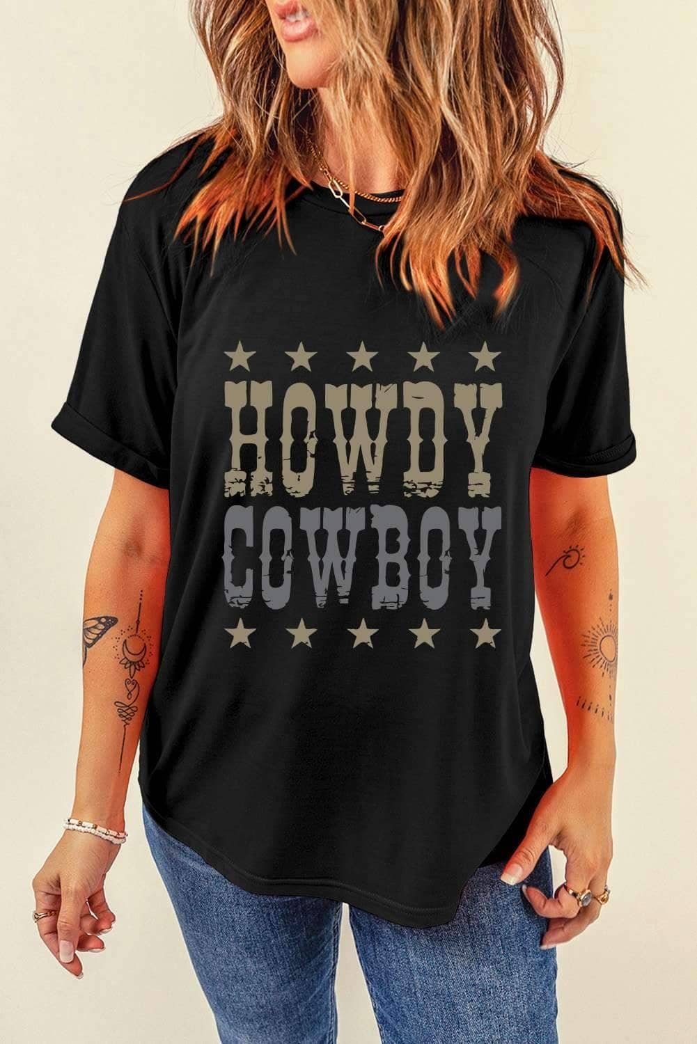 Black Howdy Cowboy Star Print Crew Neck Loose T Shirt
